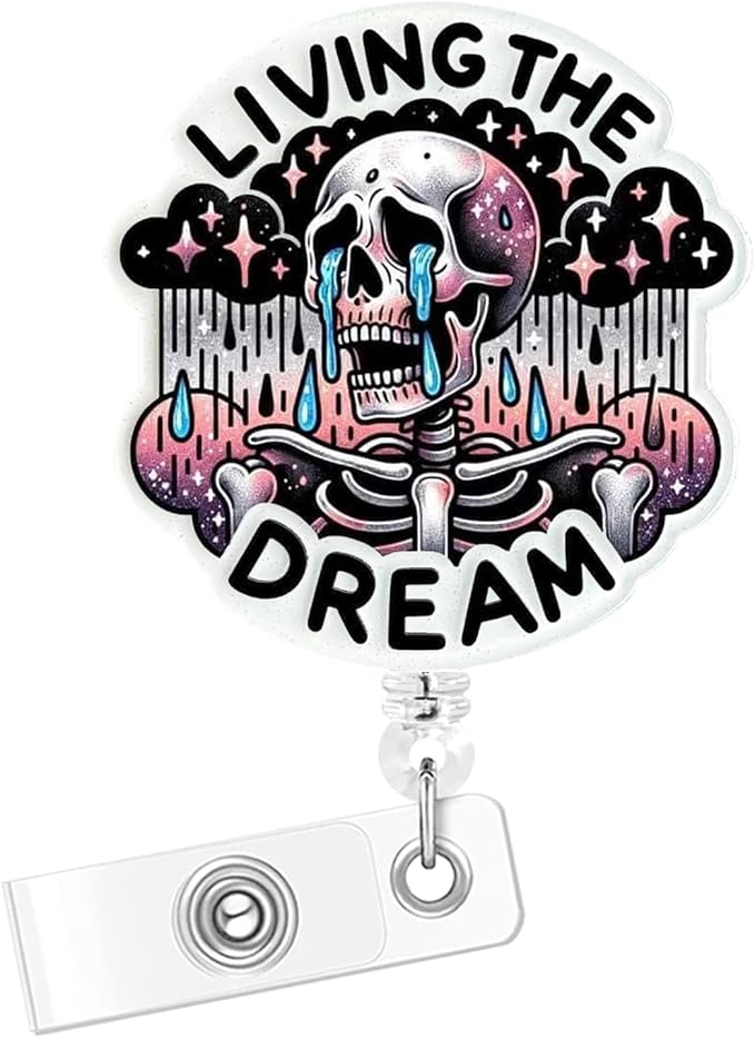 Inspirational Badge Clips Retractable, Funny Badge Reels with Alligator Clip, Glitter Weeping Skull Badge Holder for Rn Nurse Techer (Living The Dream)