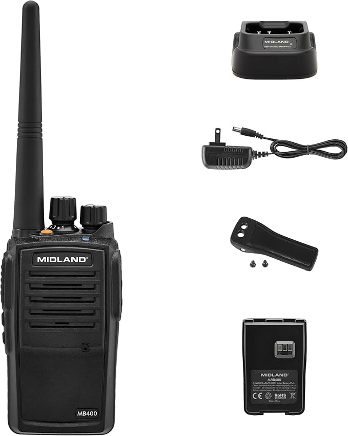 Midland – MB400 - Business Two-Way Radio - Easy to Program - Long-Range 16 Channels Coverage for up to a 350,000 Square Foot Warehouse Construction Hospitality and Event Management - IP67 Waterproof