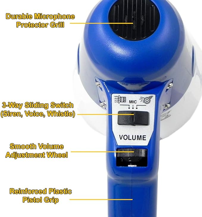 ThunderPower THUN150 Extra-Loud Megaphone Speaker – 600-Yard Range Bullhorn Megaphone with Siren & Voice Modes – 15W Loud Speaker Megaphones for Public Safety, Sports, Teachers, and Protests