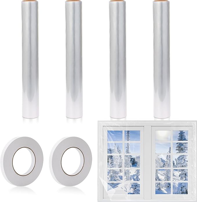 Frienda Window Insulation Kit for Winter Each Roll 62 x 210 Indoor Window Plastic Insulation Kit with Double Sided Tape Clear Shrink Covering Film(4 Roll)