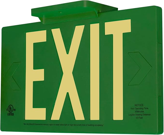 LFI Lights® UL 924 Listed 50’ Photoluminescent Exit Sign, Green Thermoplastic Housing, Single Sided, Wall, Ceiling or Side Mount, Optional Arrows, Glow in the Dark, No Power or Battery Needed, PA3G50S