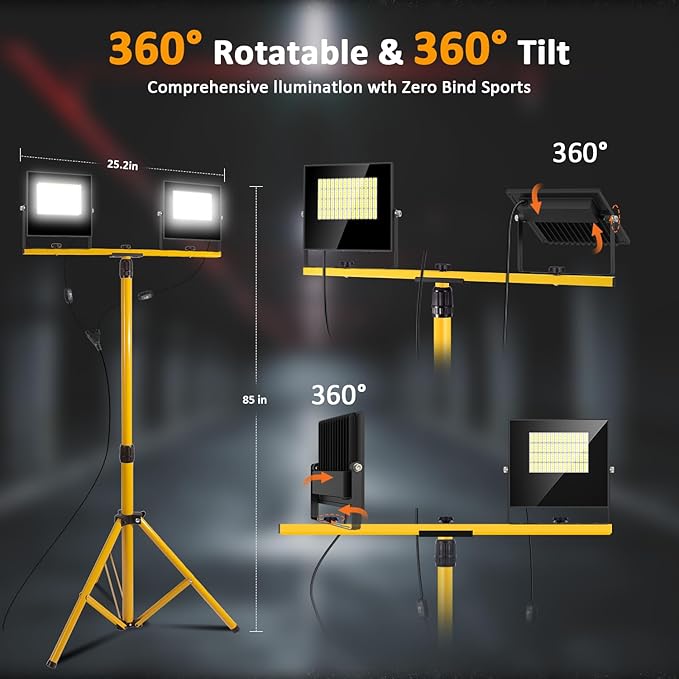 24000 Lumen LED Work Lights with Stand, Floodlight Work Light 2 Adjustable Head Work Light with 16FT IP67 Waterproof Tripod Work Light Stand for Construction Lighting