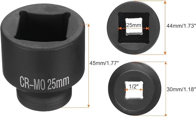HARFINGTON 4 Point Square Socket 1/2" Drive 25mm Metric Square Impact Socket CR-MO Blackening Standard Wheel Sockets Pneumatic Socket Tool for Auto Repair Mechanical Maintenance Home Use