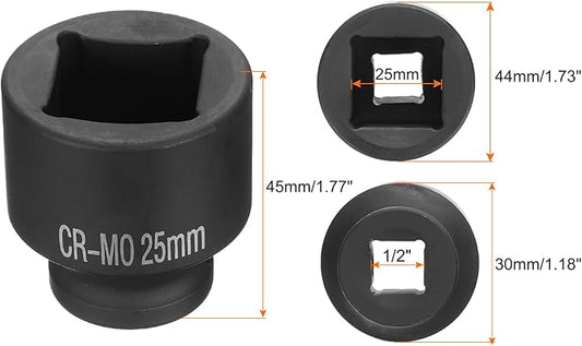 HARFINGTON 4 Point Square Socket 1/2" Drive 25mm Metric Square Impact Socket CR-MO Blackening Standard Wheel Sockets Pneumatic Socket Tool for Auto Repair Mechanical Maintenance Home Use