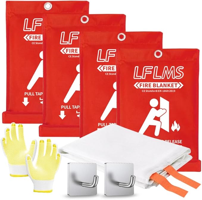 Fire Emergency Blankets - 4 Pack, 40' x 40' Fireproof Fiberglass Blankets for Home, Kitchen, Office, School, Camping, Grill, Car, Warehouse