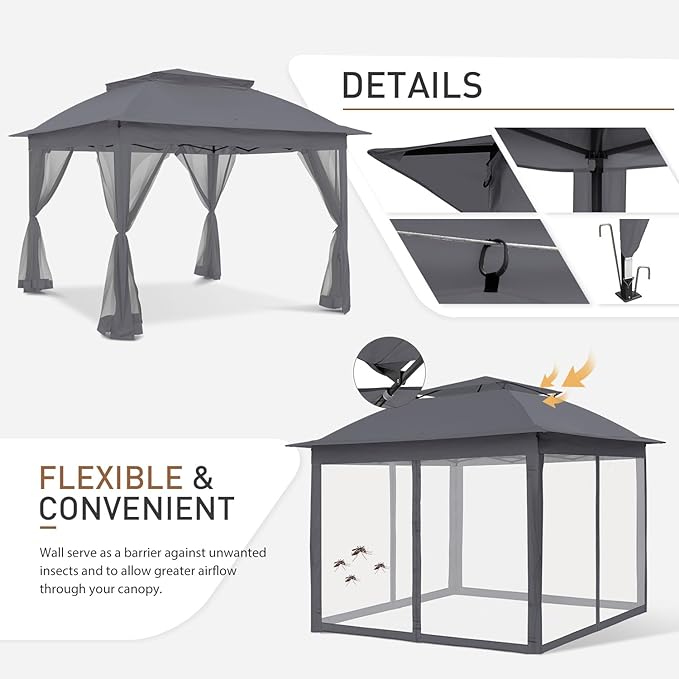 COOS BAY 11x11 Pop-Up Instant Gazebo Tent with Mosquito Netting Outdoor Canopy Shelter with 121 Square Feet of Shade (Dark Gray)
