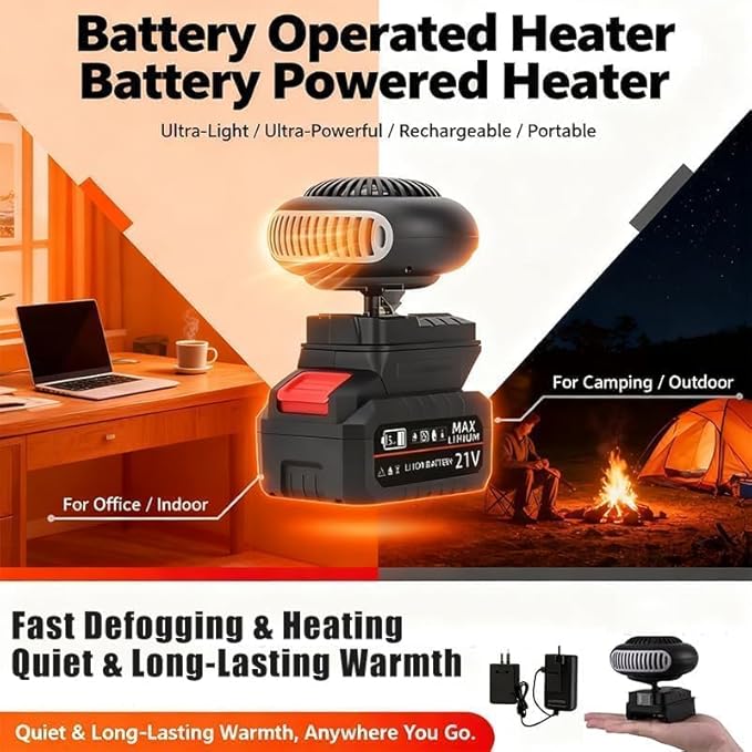 Battery Powered Heater, 2026 New Portable Rechargeable Battery Powered Space Heater Cordless with USB &3900mah Batteries/Anti Tilt Design for Camping/Indoor/Car Defroster (15 Batteries Kit)