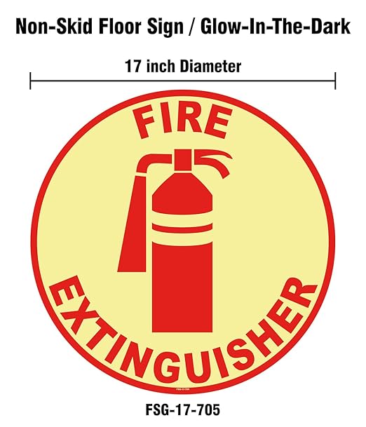 Stranco Non-Slip Glow in the Dark Floor Sign "FIRE EXTINGUISHER" 17” Red on White | Permanent Acrylic Adhesive, Pebble-Textured Laminate, Durable 20 mil Construction, Slip-Resistant Safety Label