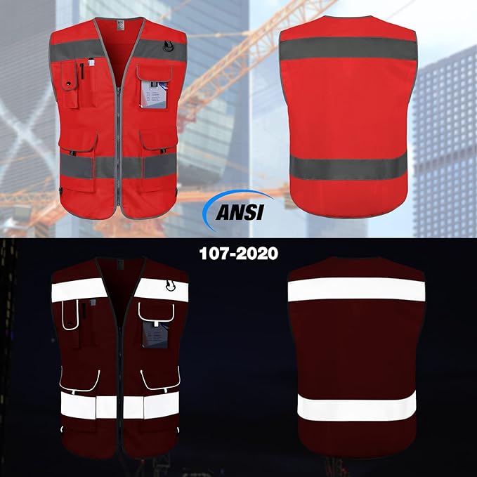 TCCFCCT Reflective Safety Vest 9 Pockets High Visibility Vest for Men Women, Hi Vis Construction Work Vest with Reinforced Sewing, Durable to Use, Meets ANSI/ISEA Standards, (Red, 5X-Large)