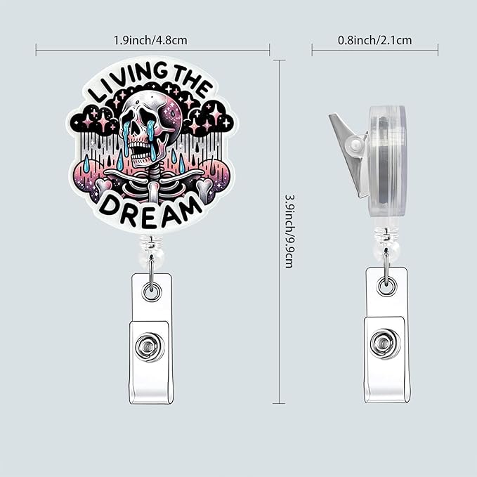 Inspirational Badge Clips Retractable, Funny Badge Reels with Alligator Clip, Glitter Weeping Skull Badge Holder for Rn Nurse Techer (Living The Dream)