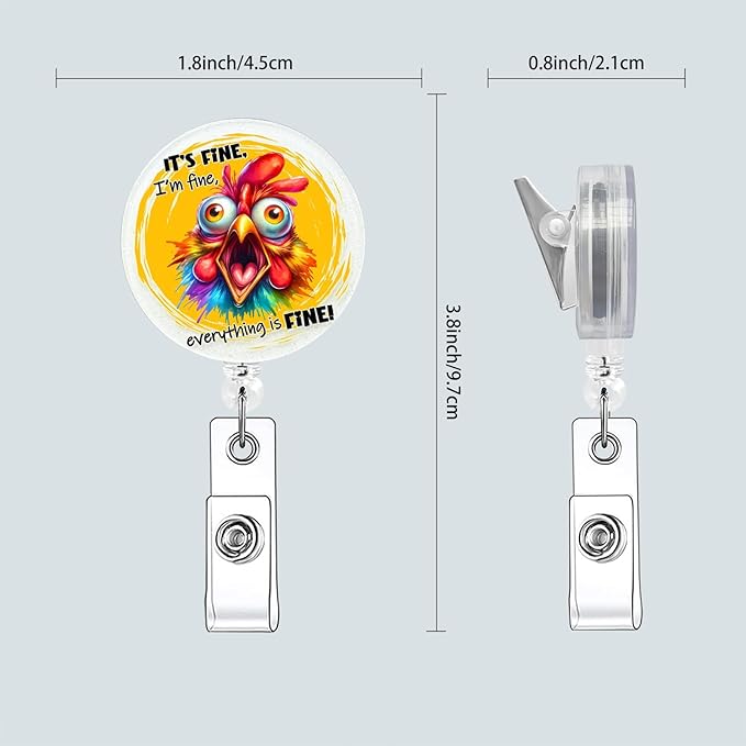 Funny Chicken Badge Clips Retractable, It's Fine Badge Buddy with Alligator Clip, Glitter Cute Badge Reel for Scholl Nurse Teacher Office Worker (Chicken)
