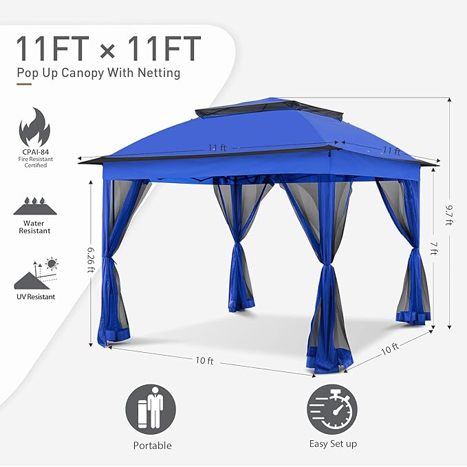 COOS BAY 11x11 Pop-Up Instant Gazebo Tent with Mosquito Netting Outdoor Canopy Shelter with 121 Square Feet of Shade (Blue)