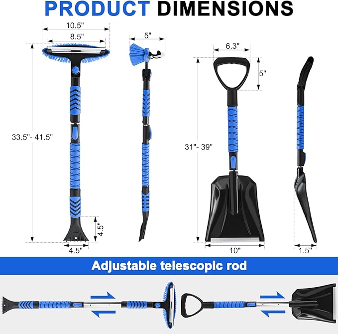 Blue Car Snow Brush and Shovel Kit, 42" Extendable Ice Scraper with 180° Pivoting Head & Ergonomic Grip - 39" Collapsible Emergency Snow Shovel for Car, SUV, Truck