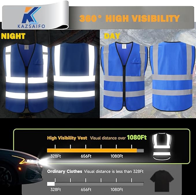 Hi Vis Reflective Safety Vest for Men Women Work, Mesh High Visibility Construction Vest with Chest Pocket and Zipper Front,Meets ANSI/ISEA Standard (KZ179-Blue-2XL)