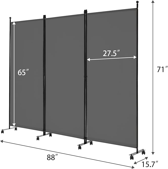 Spurgehom 3 Panel Rolling Room Divider, Folding Partition Privacy Screens, Freestanding Fabric Room Panel, Portable Folding Wall Divider for Office, Room, Restaurant, Hospital (Grey)