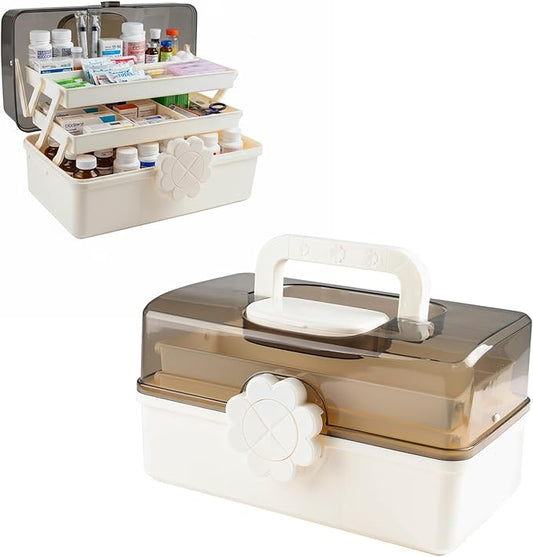 3-Tier Medicine Box,Portable Medicine Storage Box with Handle,Medicine Cabinet for Bottle Organizer,Plastic Large Capacity First Aid Box for Family,Office and Travel, 11.4" L × 7.6" W × 6.2" H