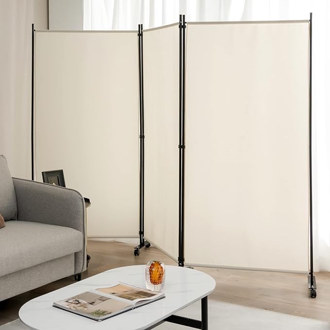 Giantex 3 Panel Folding Room Divider with Rollers White - 6 Ft Freestanding Folding Privacy for Wall Divider and Separator, 103" Wide Lightweight Portable Wall Partition Room Dividers with Wheels