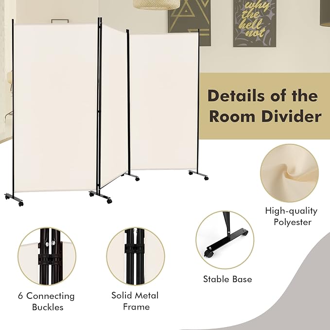 Giantex 3 Panel Room Divider with Wheels, 103''W x 71''H Folding Privacy Screen, Rolling Partition Room Dividers for Home Office Studio, Freestanding Fabric Wall Divider for Room Separation, Beige
