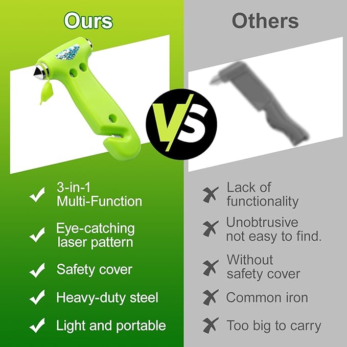 Car Window Breaker, Safety Hammer - 3 in 1 Escape Tools, Window Breaker Seatbelt Cutter, Roadside Emergency Kit with Light Reflective Tape(2 Pack, Green)