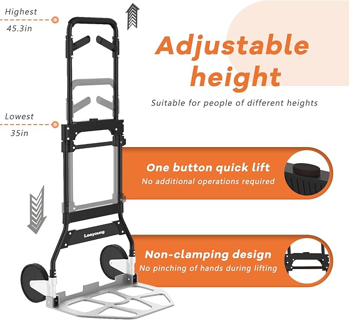Leeyoung Folding Hand Truck Dolly Cart with Wheels,Heavy Duty 375lb Dolly for Moving，Aluminum Wheel Bracket and Steel Tube Frame, Foldable Hand Truck with Adjustable Handle for Moving Indoor/Outdoor