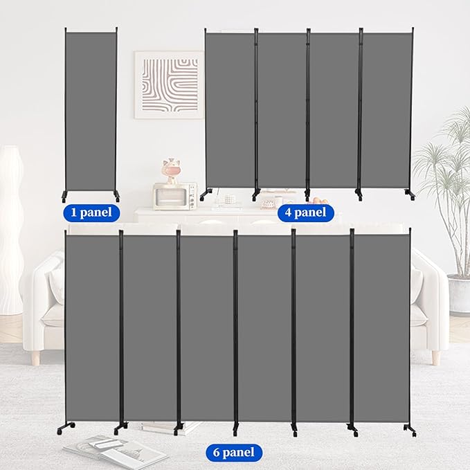Room Divider 6FT Room Partition with Lockable Wheels, (Thicked Metal Base) Room Dividers, Freestanding Indoor Folding Privacy Screens, Portable Fabric Wall Divider for (Grey, 21.5"- 1 Panel)