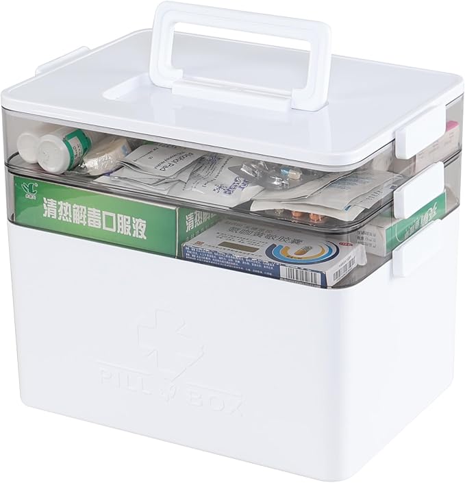 Kekow 3-Tier Portable Medicine Cabinet Organizer, Plastic Large Medicine Storage Box with Handle, White