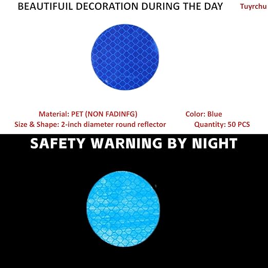 Non Fading Blue Reflective Stickers 2-inch Diameter Round Reflector, Outdoor Waterproof High Visibility Warning Adhesive Tape (50 Pcs)