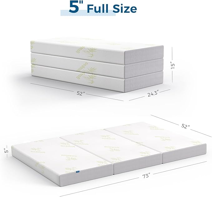 Inofia Full Folding Mattress, 5 Inch Trifold Memory Foam Mattress with Ultra-Soft Removable Cover - for Camping, Guest, and Floor Foldable Bed - Full Size (73" x 52" x 5")