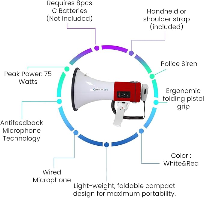 Technical Pro Portable Lightweight 75-Watt Megaphone Bullhorn w Siren, Detachable Microphone & Strap - Professional Outdoor Voice for Police & Cheer Leading