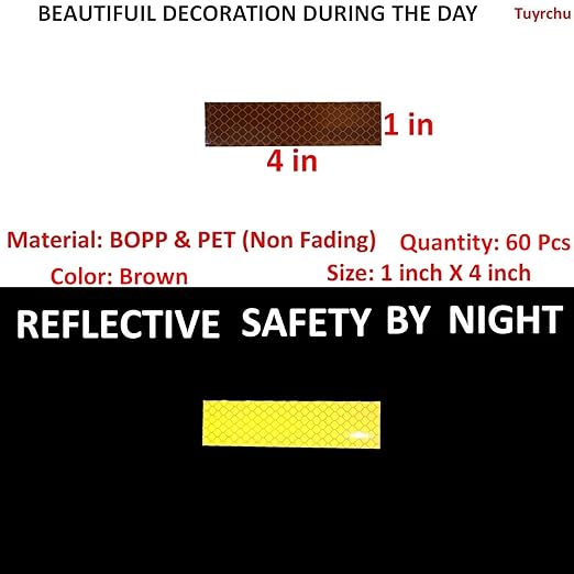 Brown Reflective Stickers 1 inch X 4 inch, Outdoor Waterproof High Visibility Warning Safety Adhesive Reflector Tape (60 Pcs)