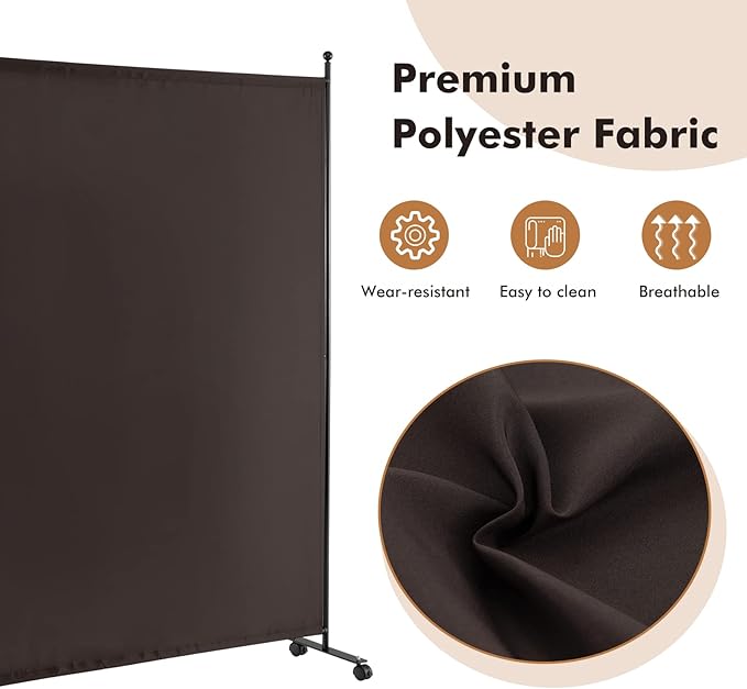Giantex Room Divider Large Single Panel, 73''W x 73''H Privacy Screen with Lockable Wheels, Rolling Room Divider Panel for Home Office Studio, Partition Fabric Wall Divider for Room Separation, Brown