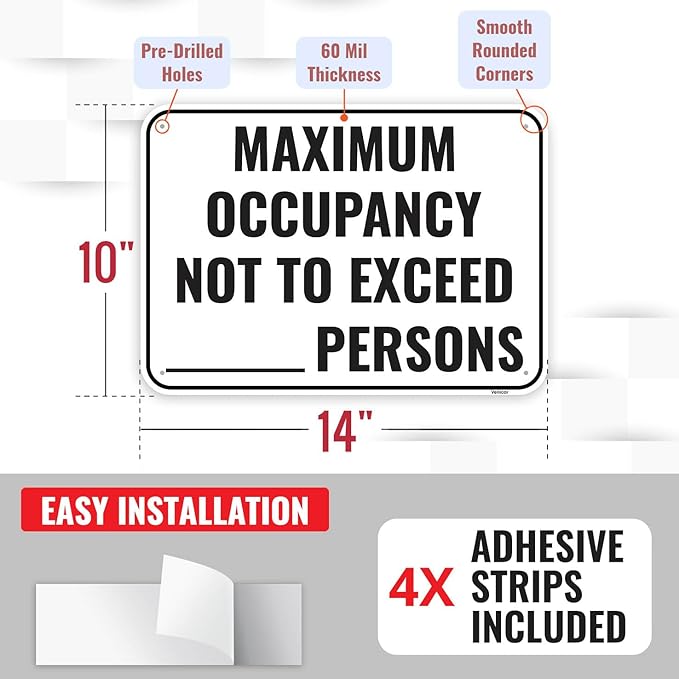 1PC Maximum Occupancy Sign, 14 x 10 Inches - Aluminum - Self-Adhesive Max Capacity Signs For Business