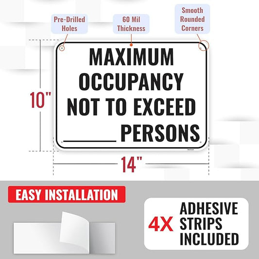 1PC Maximum Occupancy Sign, 14 x 10 Inches - Aluminum - Self-Adhesive Max Capacity Signs For Business