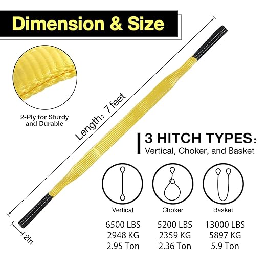 Lift Sling Straps,2" x 7' Heavy Duty Flat Eye 2-Ply Nylon Lifting Slings Straps, Lifting Straps for Hoisting Moving Rigging Towing Tree Saver 6500 lbs Vertical, 5200 Choker, 13000 Basket