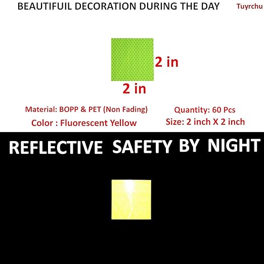 Fluorescent Reflective Stickers 2 inch X 2 inch, Outdoor Waterproof High Visibility Warning Safety Adhesive Reflector (60 Pcs)