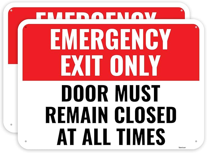2PC Emergency Exit Only Sign, 10 x 7 Inches - Aluminum - Door Must Remain Closed At All Times