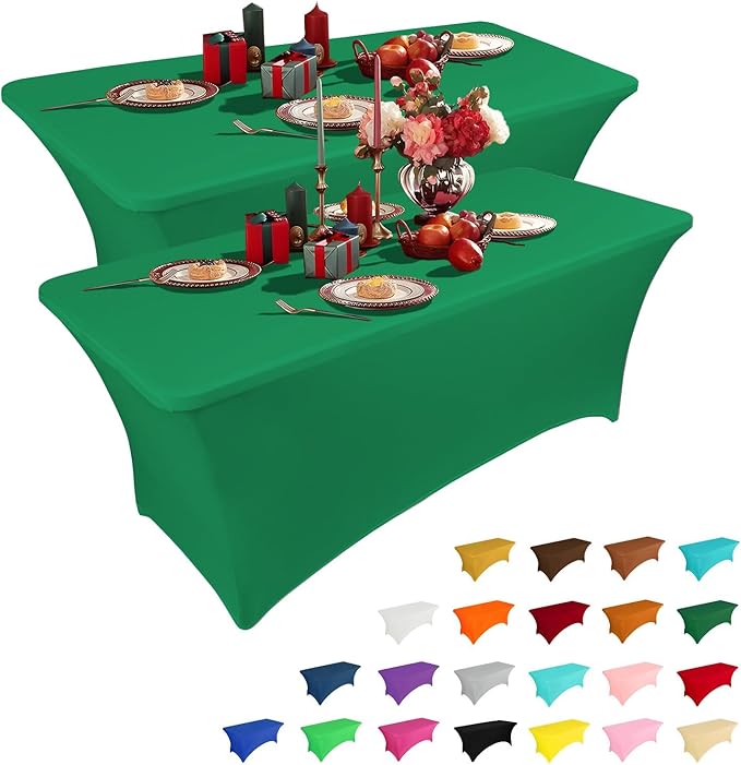 IVAPUPU 2 Pack 6FT Table Cloth for Rectangular Fitted Events Stretch Emerald Green Table Covers Washable Spandex Christmas Tablecloth Protector for Party, Wedding, Cocktail, Banquet, Festival