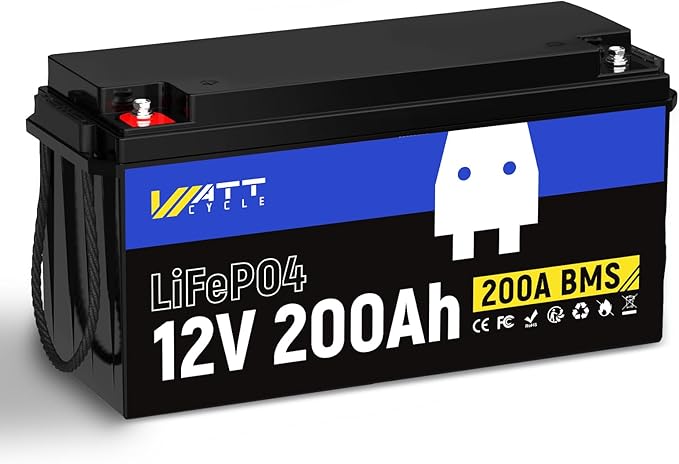 Wattcycle 12V 200Ah LiFePO4 Lithium Battery 1 Pack, Up to 15000 Cycles, Built-in 200A BMS, Low Temperature Protection, 10 Years Lifespan, Perfect for RV Outdoor Camping Home Energy Storage