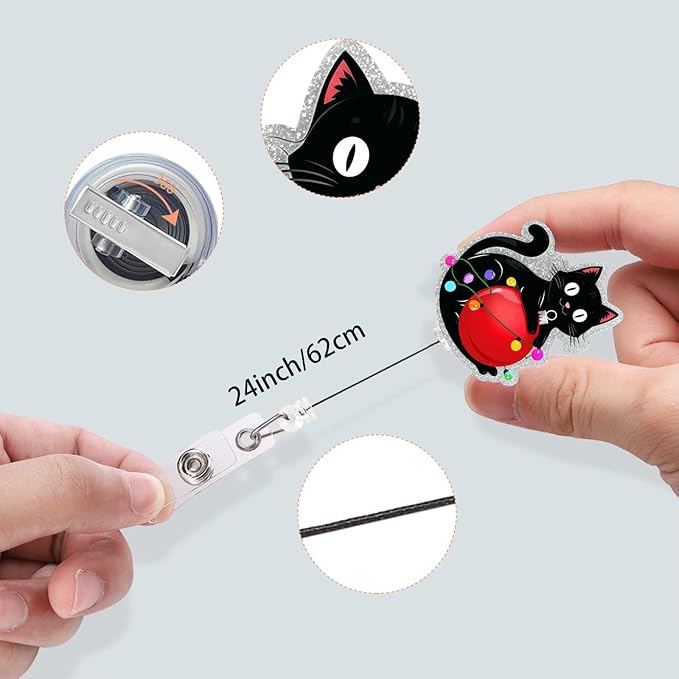 Christmas Cat Badge Reel, Cute Badge Clips Retractable for CNA Work Accessories, Glitter Badge Holder for Nurse Techer Office (Christmas Cat)