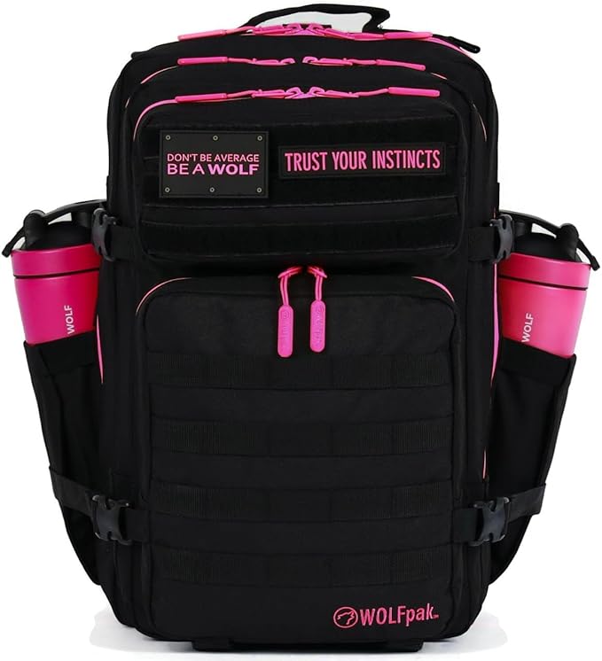 WOLFpak 45L Athletic Gym Backpack - Durable 1000D Waterproof Oxford Material with MOLLE Webbing, Laptop Pocket & Dual Cup Holders, Durable Fitness/Travel/Military Daypack (Neon Pink)
