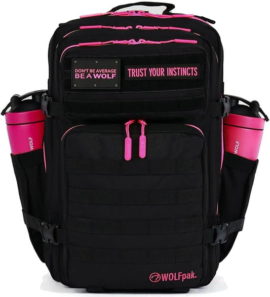WOLFpak 45L Athletic Gym Backpack - Durable 1000D Waterproof Oxford Material with MOLLE Webbing, Laptop Pocket & Dual Cup Holders, Durable Fitness/Travel/Military Daypack (Neon Pink)