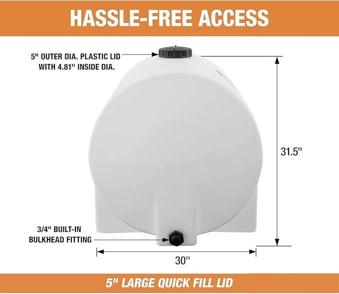 RomoTech 125 Gallon Polyethylene Storage Tank with Legs–Heavy-Duty Horizontal Water Storage Tank for Farms, Industrial or Chemical Use–UV-Resistant, Rustproof, BPA-Free Plastic Liquid Tank, 82123949