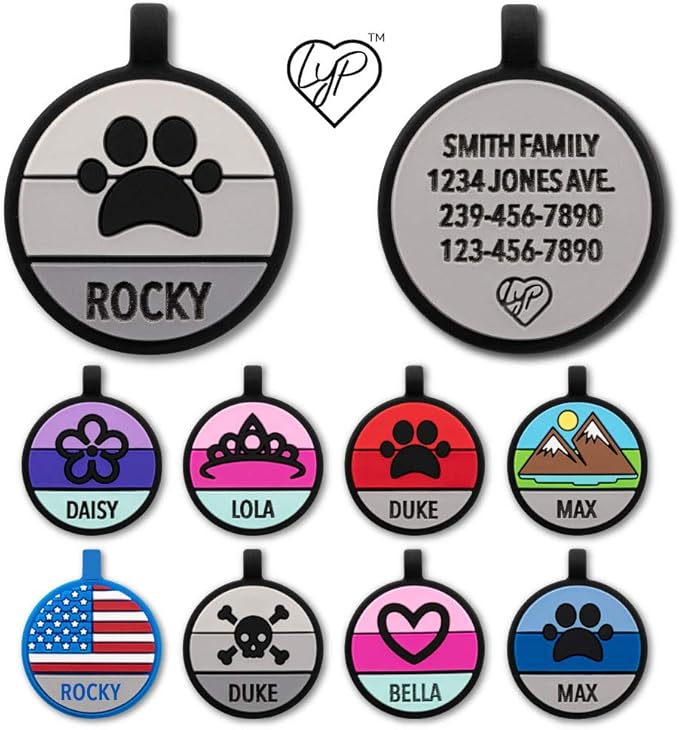 LYP Original Soundless Pet ID Tags | Custom Dog Tags Personalized for Pets | Durable Silicone Deep Engraved Dog Tag | No More Jingling | Gray Paw