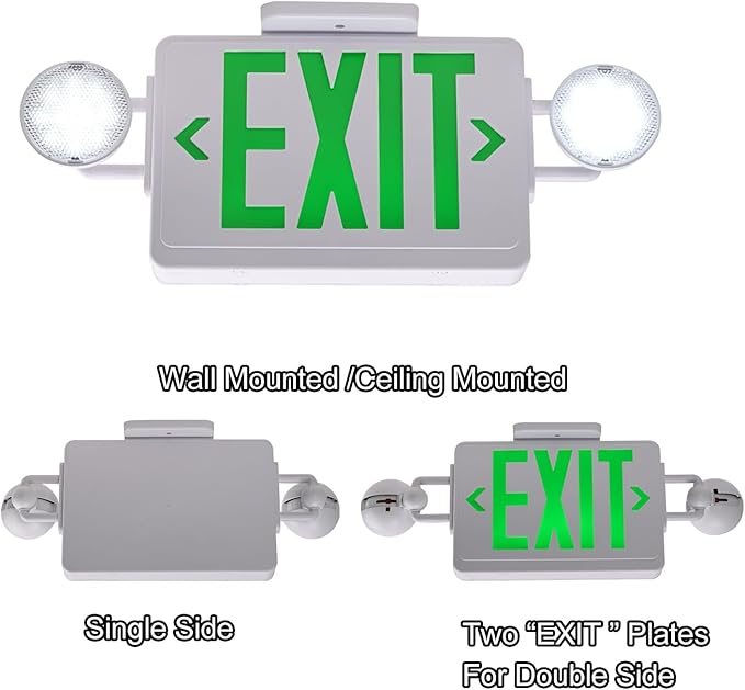 LED Exit Signs with Emergency Lights,200lm 3Hours Green Emergency Exit Sign with Lights Battery Backup, Double Face UL 924 AC85-277V Plug in Cord