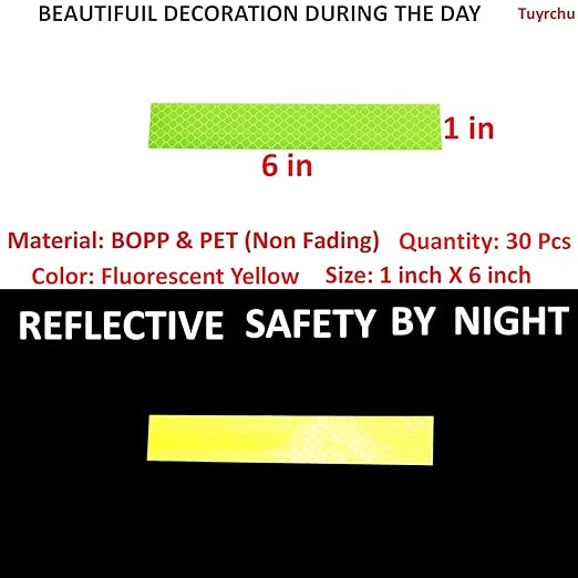 Fluorescent Reflective Stickers 1 inch X 6 inch, Outdoor Waterproof High Visibility Warning Safety Adhesive Reflector (30 Pcs)