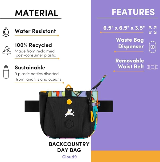 OllyDog Backcountry Day Bag | Hands-Free Dog Training Treat Pouch | Fanny/Hip Pack with Zipper Closure & Built-in Poop Bag Dispenser | Removable Waist Clip (Cloud9)