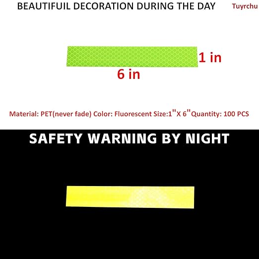 Non Fading Fluorescent Yellow Reflective Stickers 1 inch X 6 inch, Outdoor Waterproof High Visibility Safety Adhesive Reflector (100 Pcs)