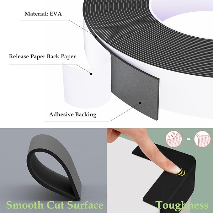 Black Foam Weather Stripping Door Seal,1 Inch Wide X 1/17Inch Thick,Foam Insulation Tape,Air Conditioner Window Seal,Door soundproofing,Total 33 Feet Long