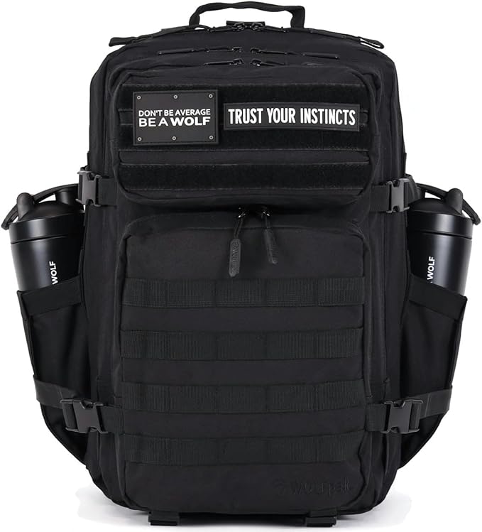 WOLFpak 45L Athletic Gym Backpack - Durable 1000D Waterproof Oxford Material with MOLLE Webbing, Laptop Pocket & Dual Cup Holders, Durable Fitness/Travel/Military Daypack (Alpha Black)