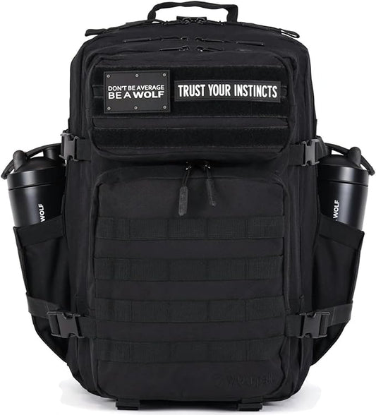 WOLFpak 45L Athletic Gym Backpack - Durable 1000D Waterproof Oxford Material with MOLLE Webbing, Laptop Pocket & Dual Cup Holders, Durable Fitness/Travel/Military Daypack (Alpha Black)